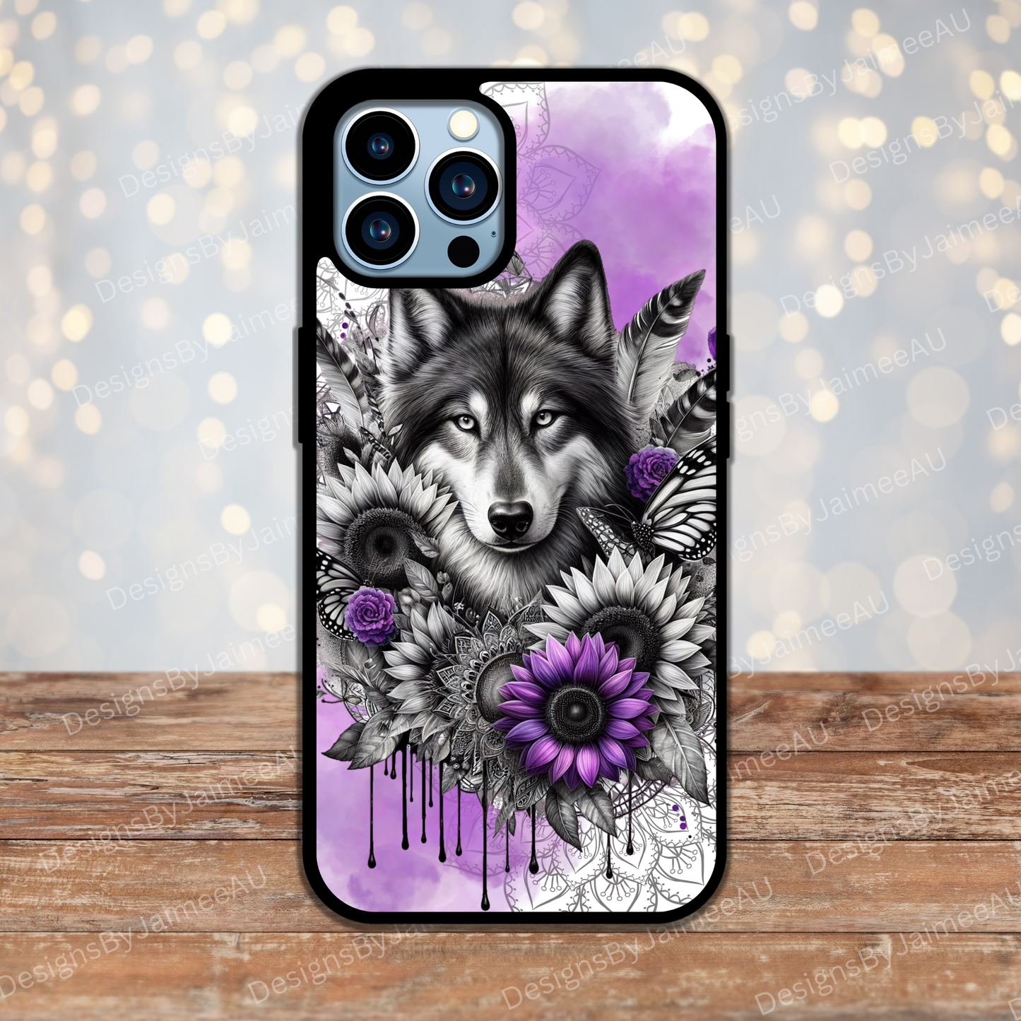 Black and White Wolf with Purple Watercolour Digital Phone Case Design