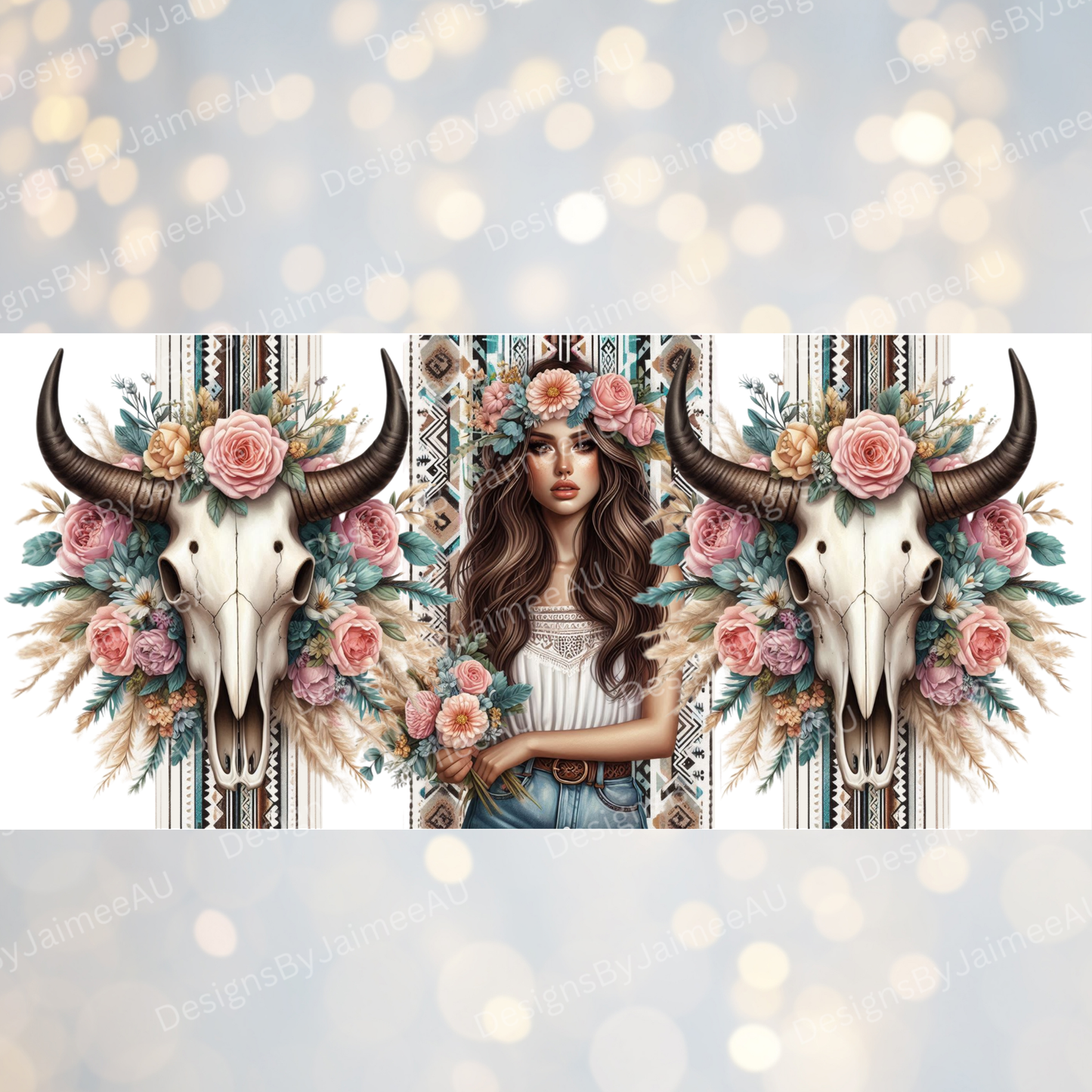 Aztec Bull Skulls and Woman, Pastel-Boho 16oz UV DTF Transfer Wrap PNG Image