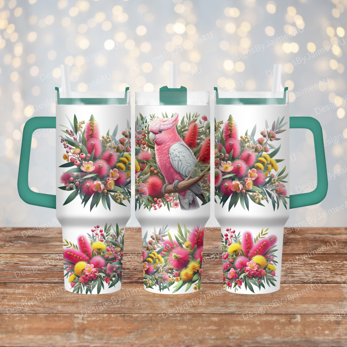 Galah and Australian Native Flowers 40oz Digital Sublimation Tumbler Wrap