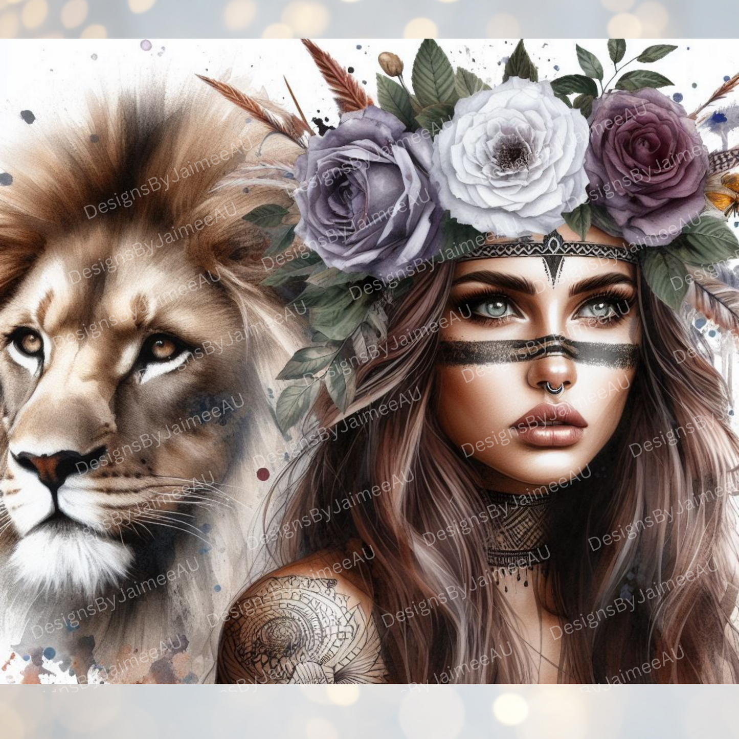 Lion, Warrior Woman, Flower Crown (Fierce Collection) Digital 20oz Sublimation Tumbler Wrap
