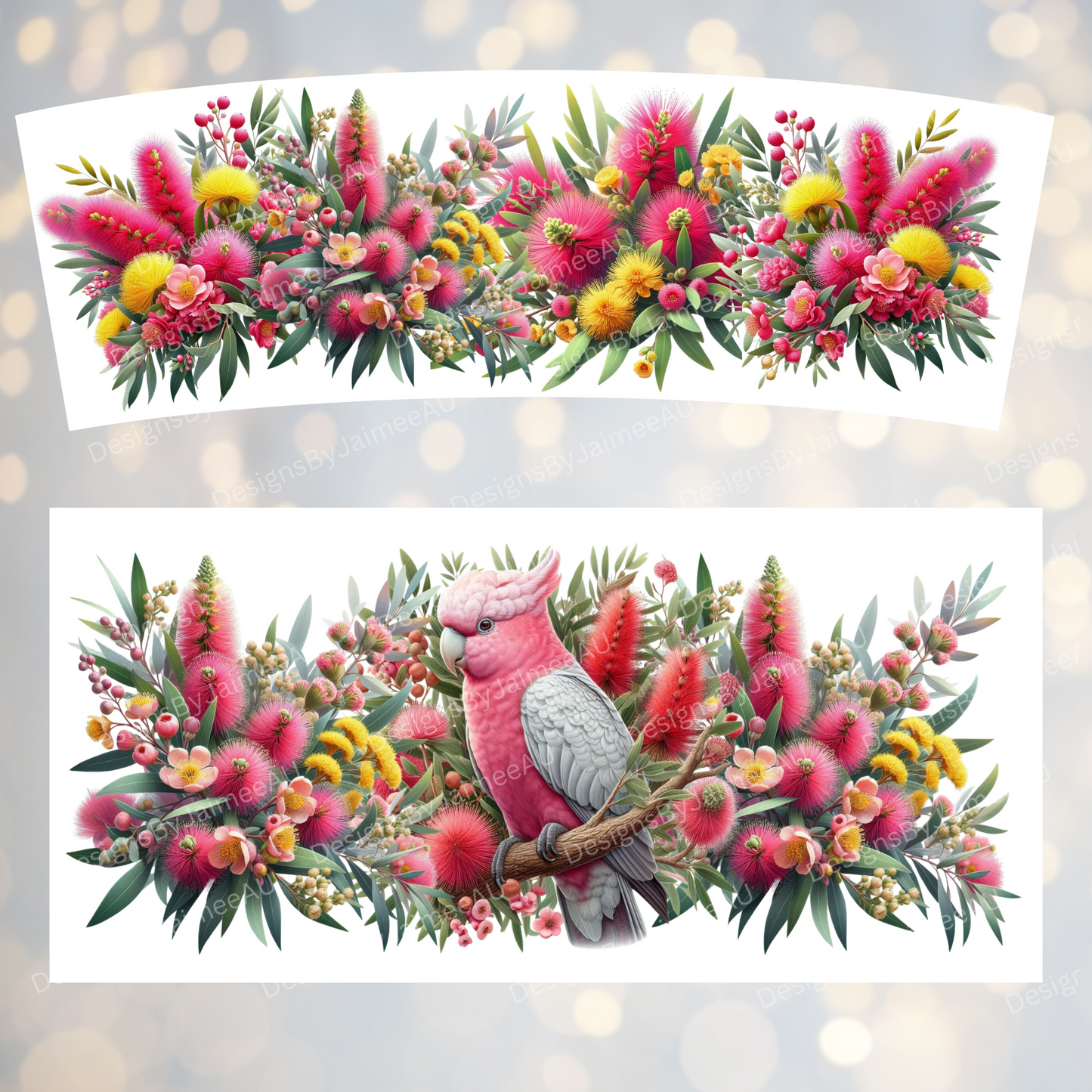 Galah and Australian Native Flowers 40oz Digital Sublimation Tumbler Wrap