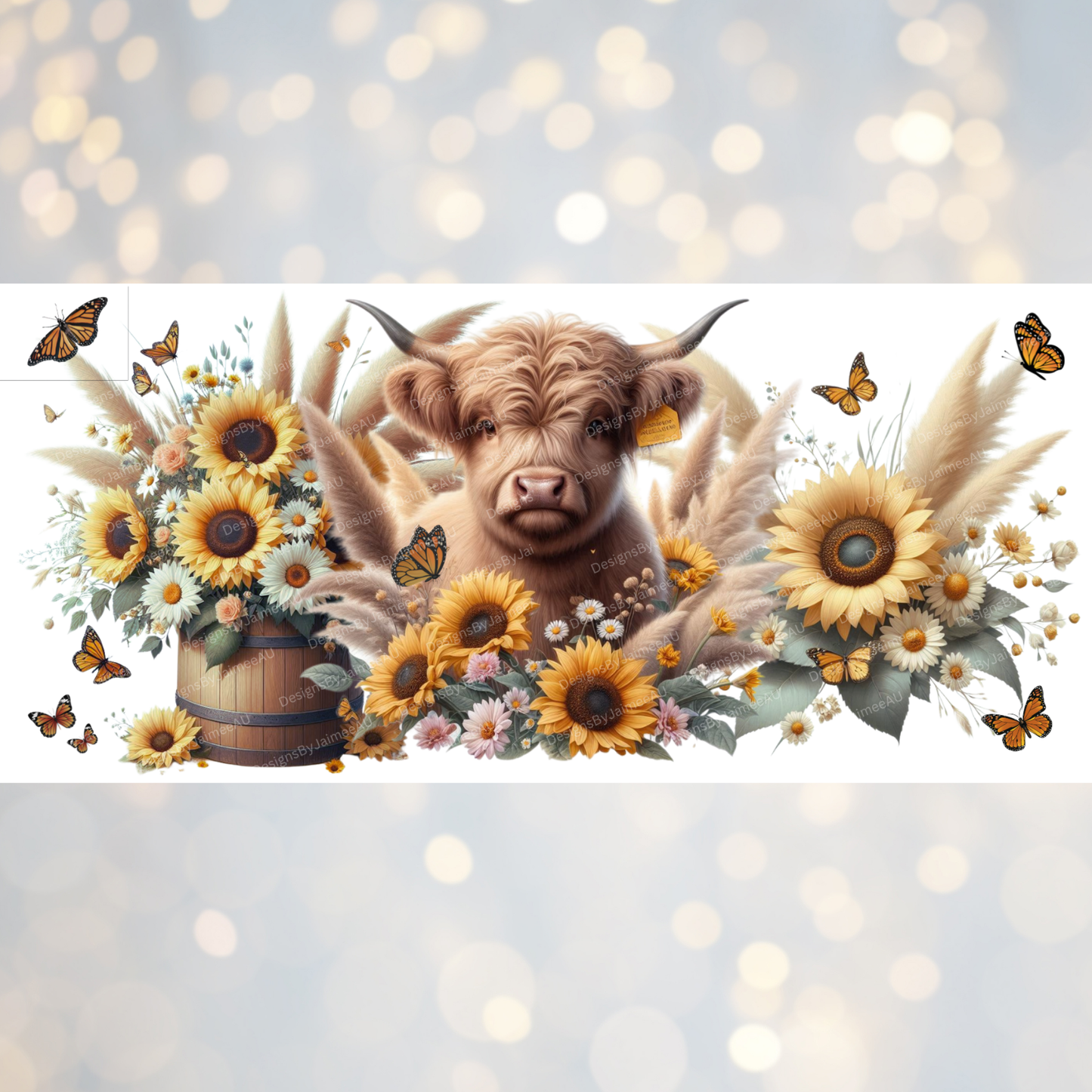 Flowers and Butterflies Highland Cow Digital Download 16oz UV DTF Transfer Wrap PNG Image