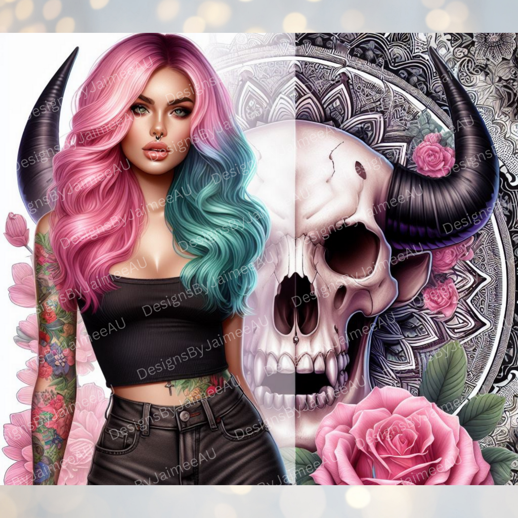 Vibrant Rainbow hair, Mandala, Skull, Floral Digital Download 20oz Sublimation Tumbler Wrap
