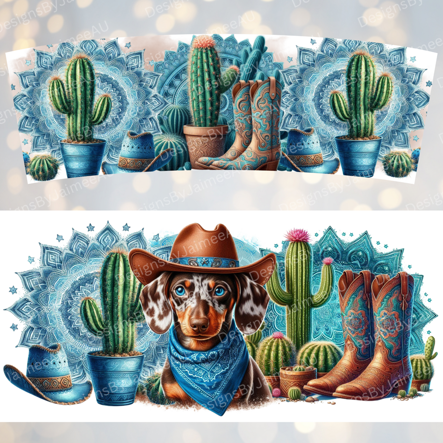 Blue Country/Western Themed Chocolate Dapple Dachshund 40oz Digital Sublimation Tumbler Wrap