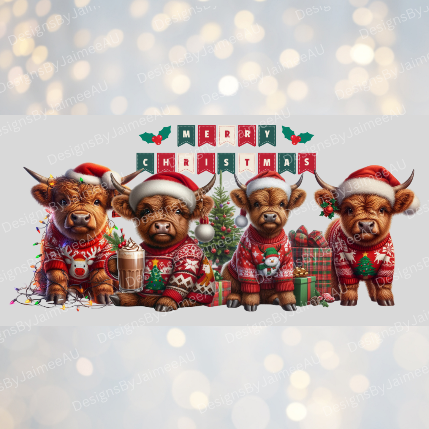 Christmas Highland Cows 16oz UV DTF Transfer Wrap PNG Image
