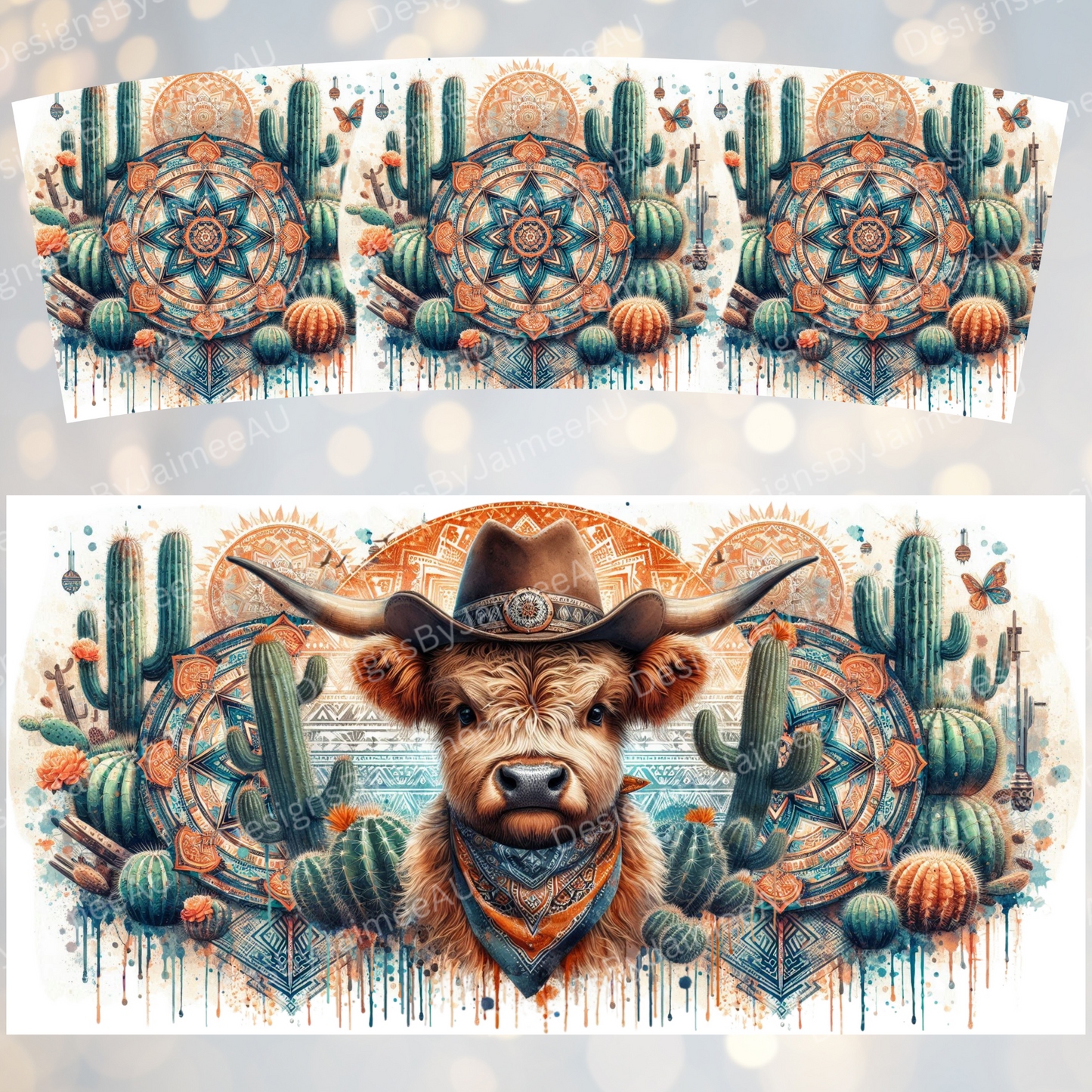Aztec Orange Country/Western Highland Cow 40oz Digital Sublimation Tumbler Wrap