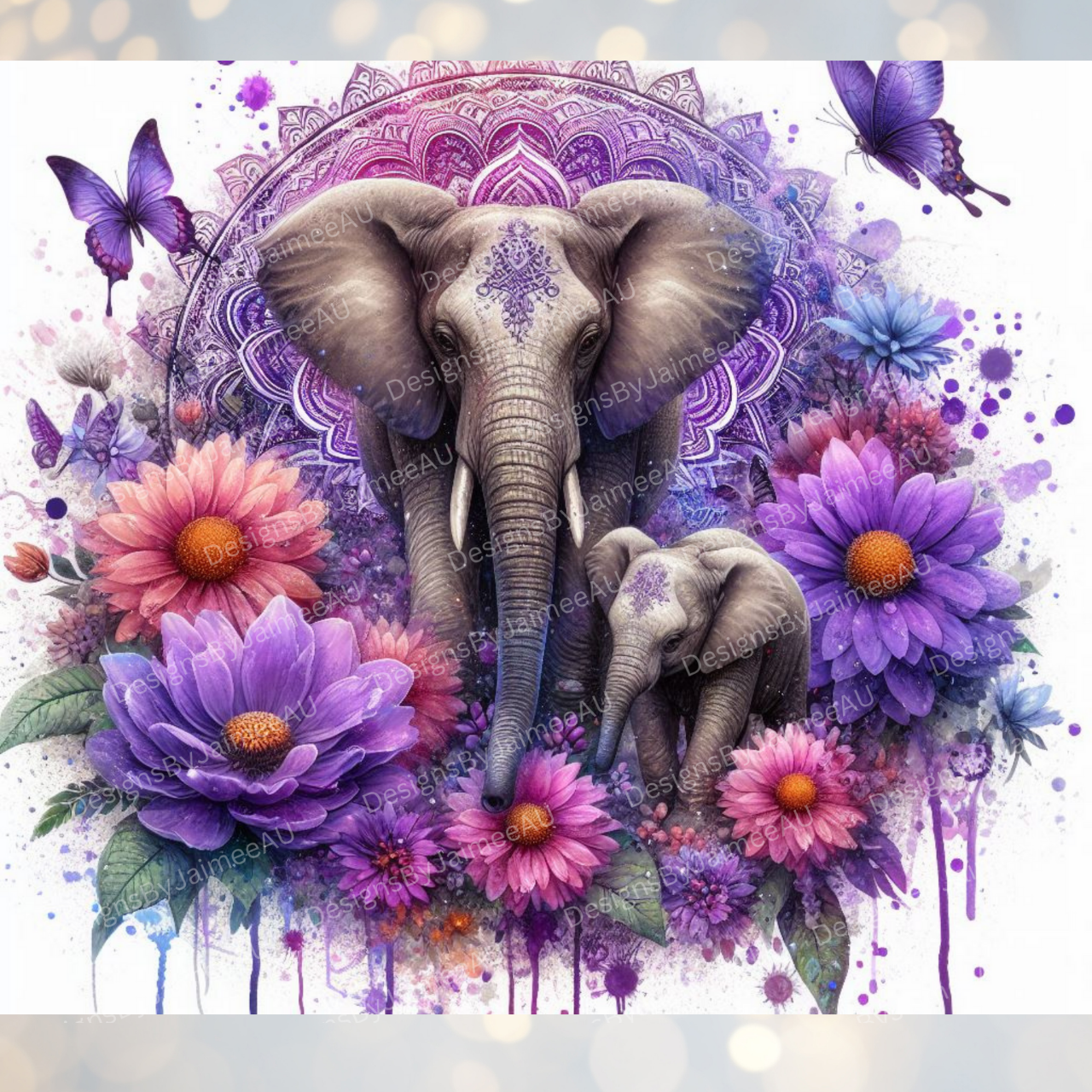 Purple Watercolour Elephants #5 Digital 20oz Sublimation Tumbler Wrap
