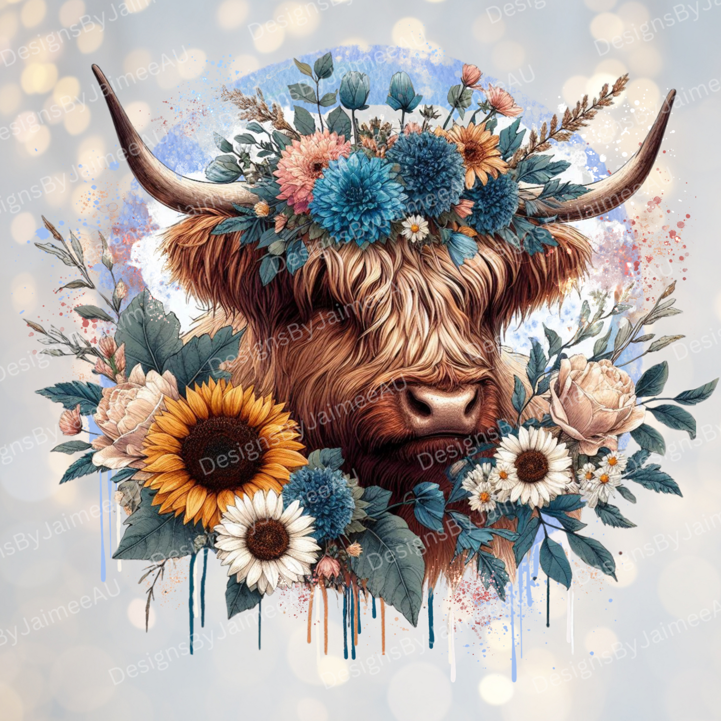 Boho Blue Highland Cow Digital DTF Transfer PNG Image