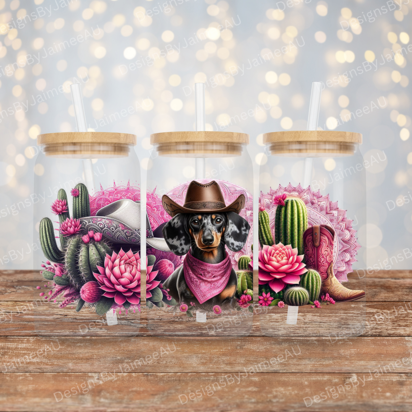 Pink Country/Western - Dapple Dachshund Digital 16oz UV DTF Transfer Wrap PNG Image