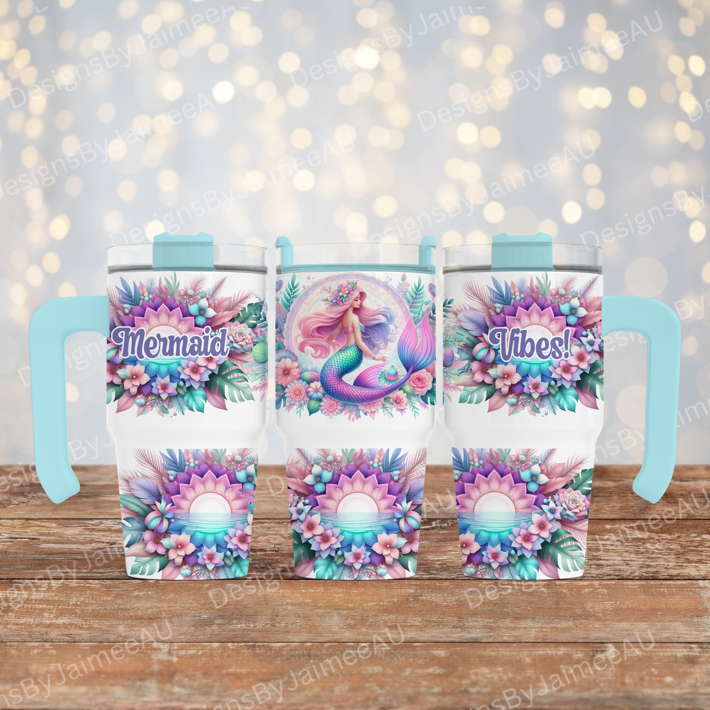 Pastel "Mermaid Vibes"- Digital 20oz Tumbler with Handle Wrap Design