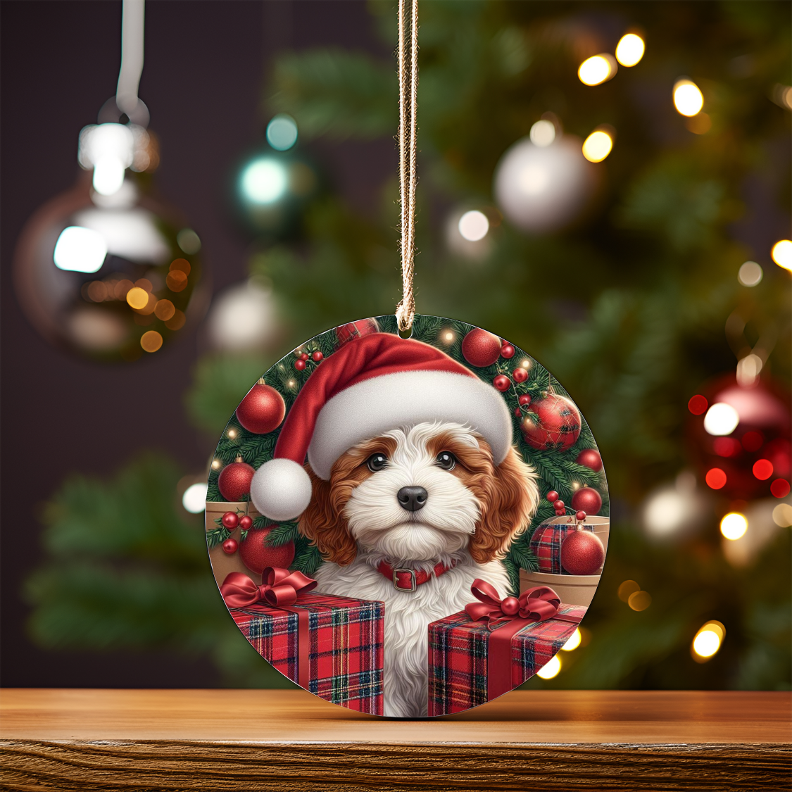 Christmas White with Brown Patches Cavoodle Digital Sublimation Ornament Design