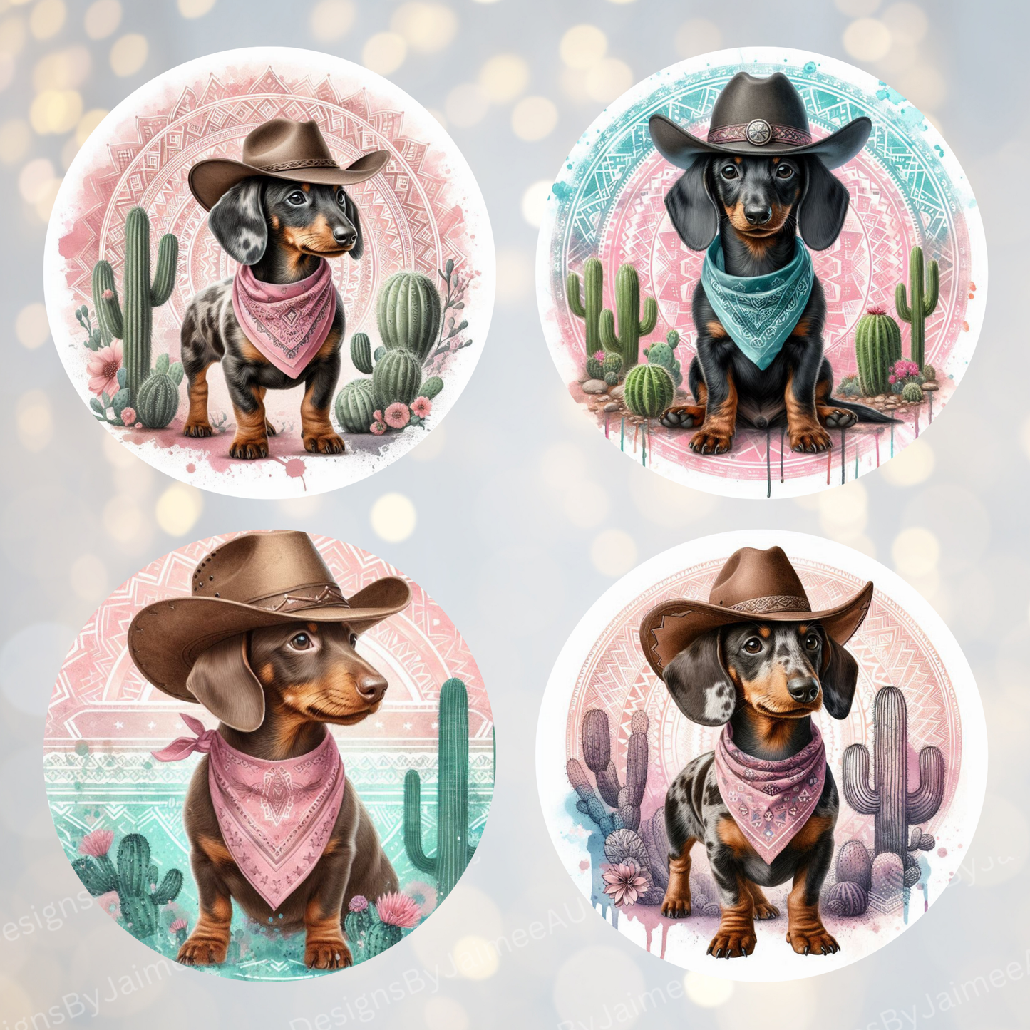 4 Pink Country/Western Dachshund Digital Sublimation Car Coaster Designs