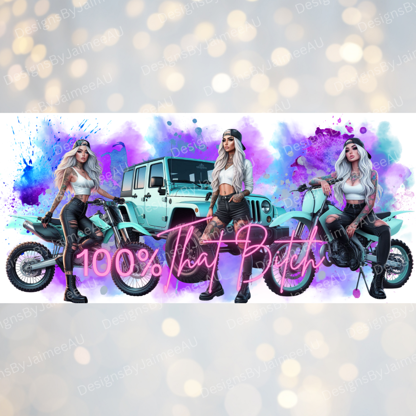 Aqua Dirt Bikes and a Jeep, Inked Girls, Vibrant Watercolour Digital Download 16oz UV DTF Transfer Wrap PNG Image