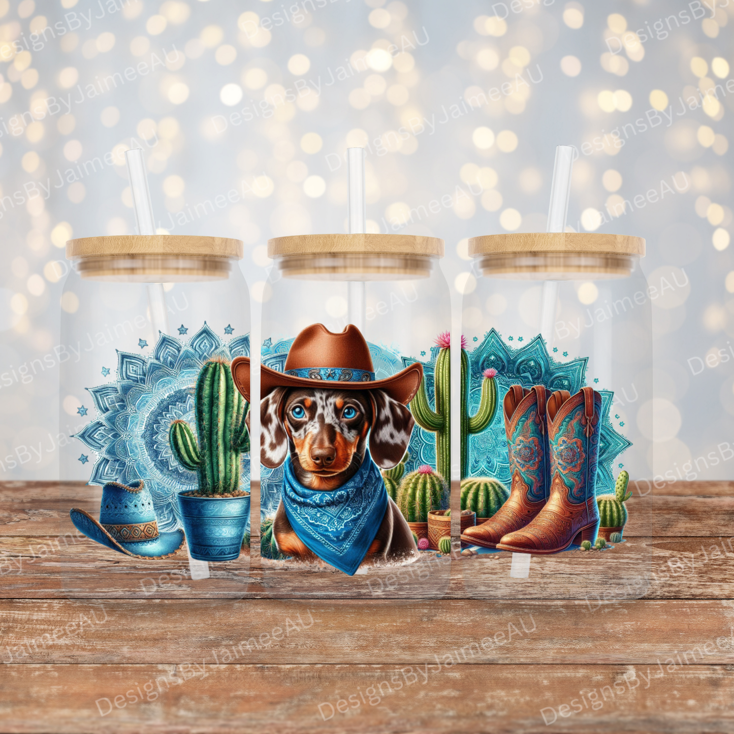 Blue Country/Western - Chocolate Dapple Dachshund Digital 16oz UV DTF Transfer Wrap PNG Image