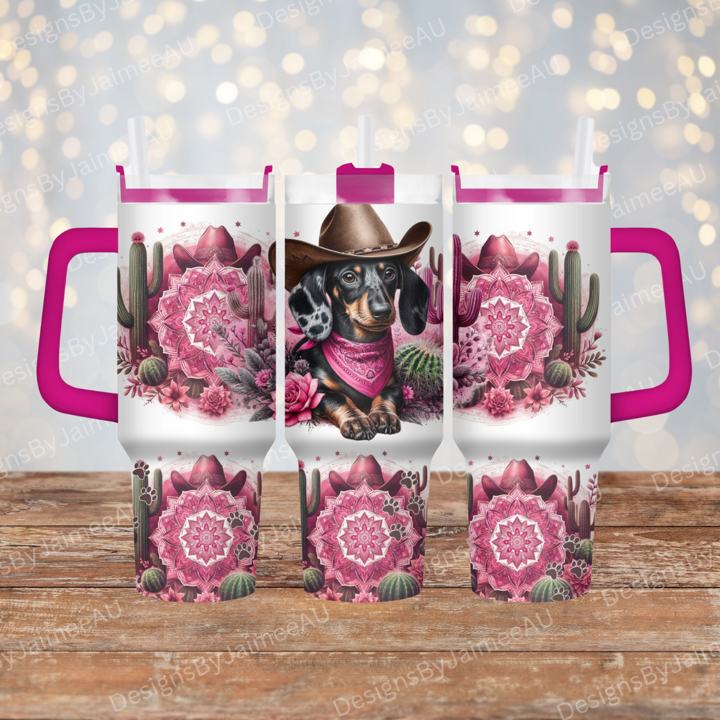 Pink Country/Western Themed Dapple Dachshund #1 40oz Digital Sublimation Tumbler Wrap