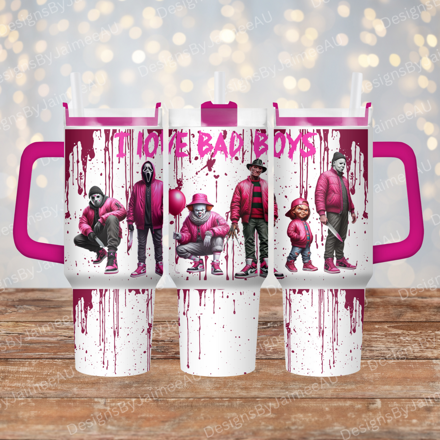 Hot Pink "I Love Bad Boys" Horror Movie Characters 40oz Digital Sublimation Tumbler Wrap