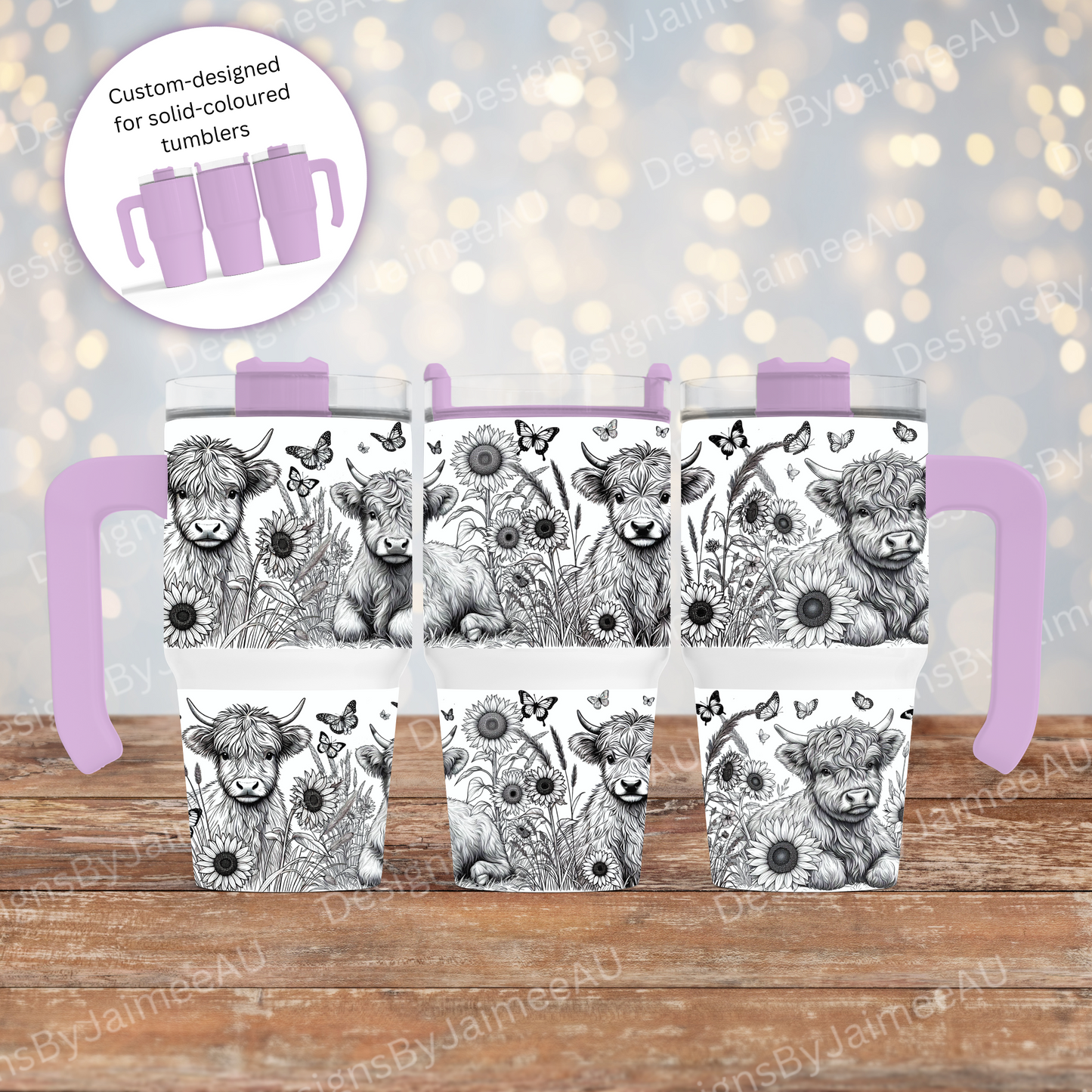 Highland Cows -Black and White Line Drawing- Digital 20oz Tumbler with Handle Wrap Design