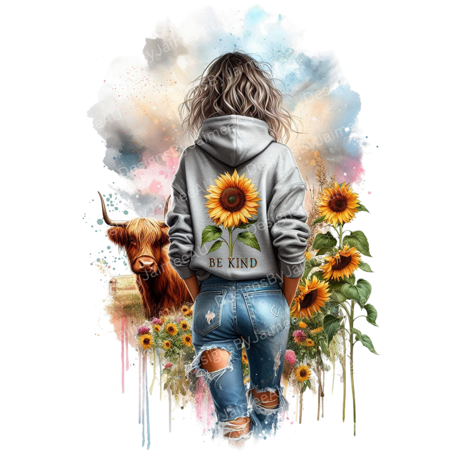 Be Kind, Daily Affirmations, Watercolour highland cow and sunflowers Digital DTF Transfer PNG Image