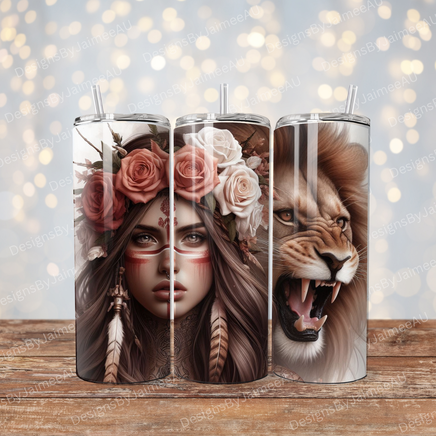 Earthy Roaring Lion and Warrior Woman, Flower Crown Digital 20oz Sublimation Tumbler Wrap