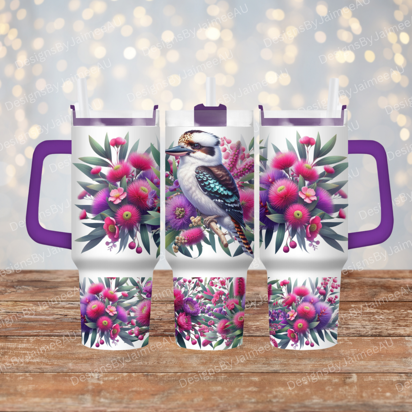 Kookaburra with Pink and Purple Australian Native Flowers 40oz Digital Sublimation Tumbler Wrap