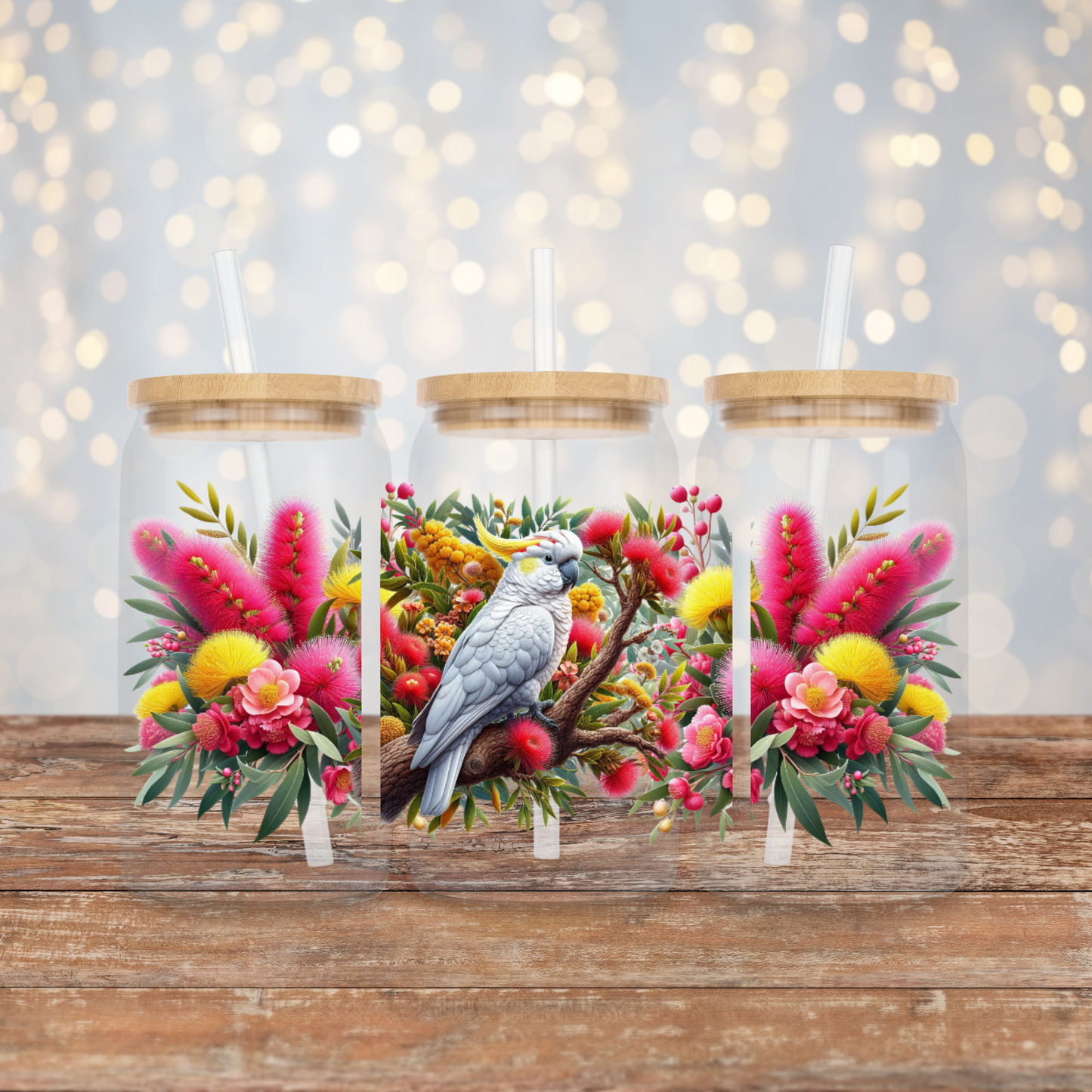 Cockatoo and Aussie Native Flowers Digital Download 16oz UV DTF Transfer Wrap PNG Image