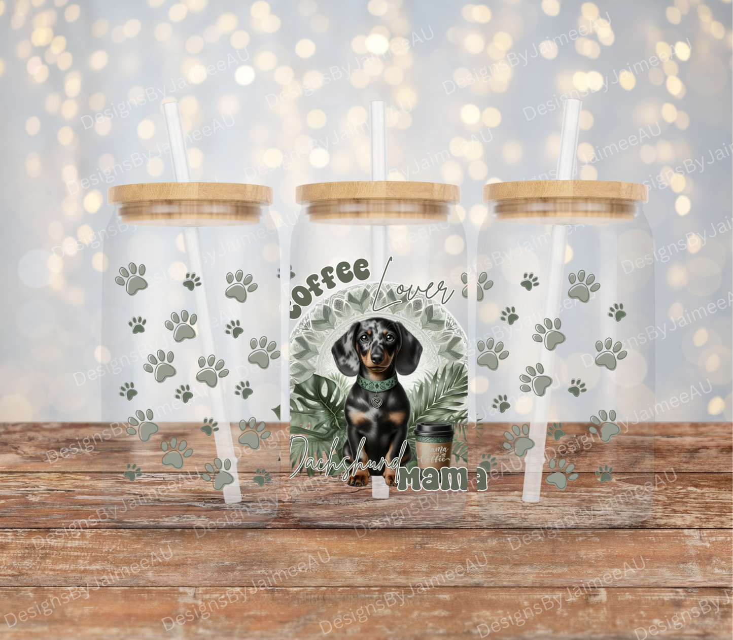 Sage Green Tropical Dachshund "Coffee Lover, Dachshund Mama" Digital Download 16oz UV DTF Transfer Wrap PNG Image