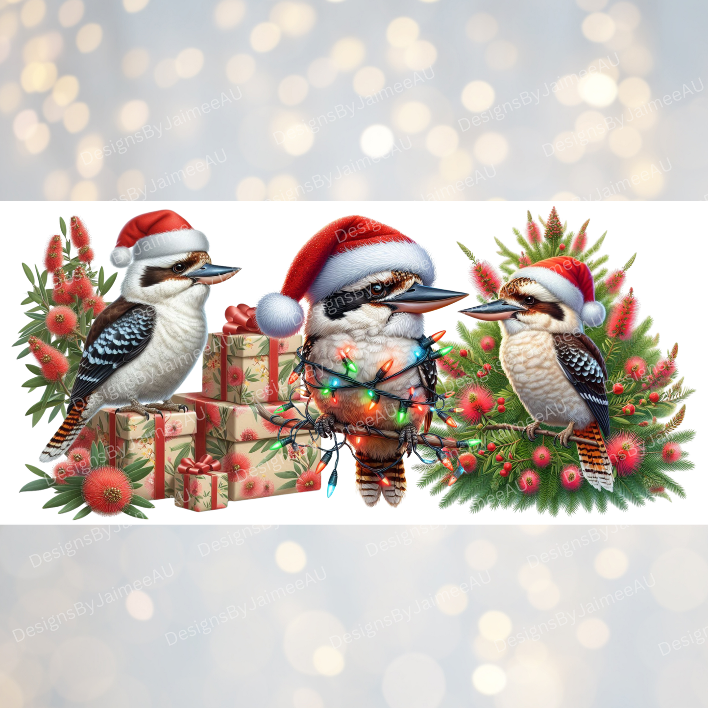 Red and Green Christmas Kookaburras Digital Download 16oz UV DTF Transfer Wrap PNG Image