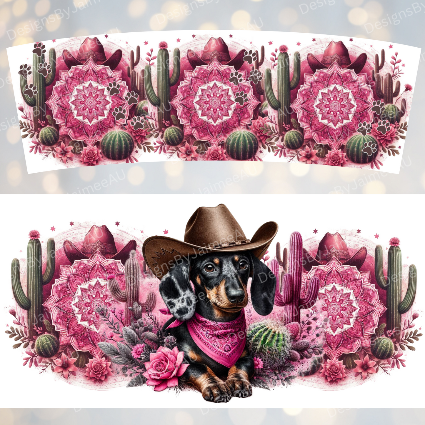 Pink Country/Western Themed Dapple Dachshund #1 40oz Digital Sublimation Tumbler Wrap