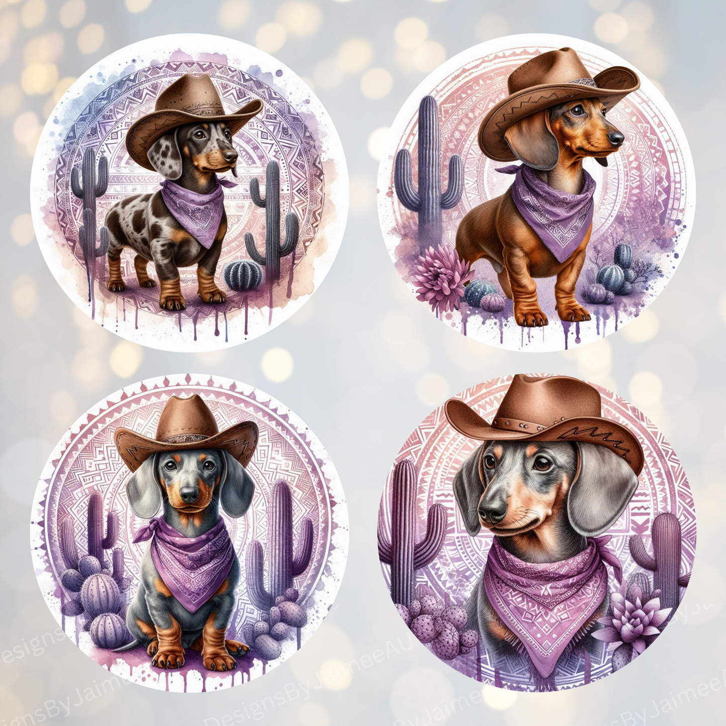 4 Purple Country/Western Dachshund Digital Sublimation Car Coaster Designs