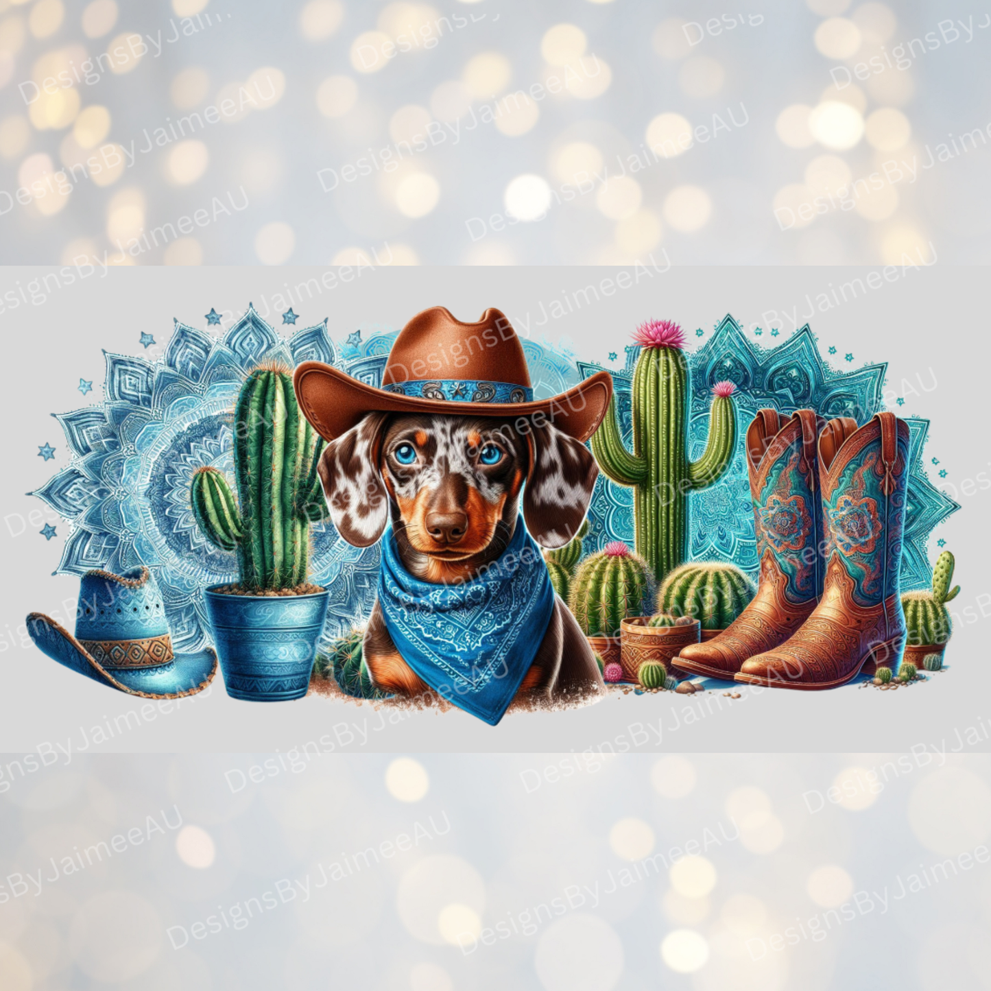 Blue Country/Western - Chocolate Dapple Dachshund Digital 16oz UV DTF Transfer Wrap PNG Image