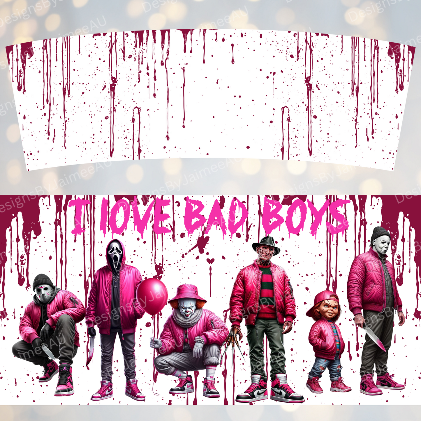Hot Pink "I Love Bad Boys" Horror Movie Characters 40oz Digital Sublimation Tumbler Wrap