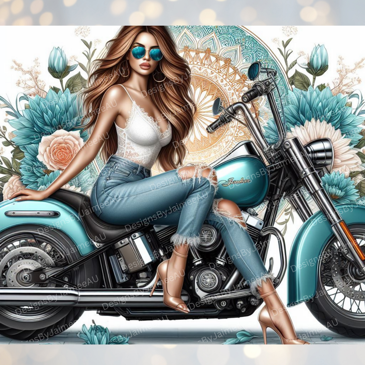 Aqua Harley Davidson, Florals and Mandala Digital 20oz Sublimation Tumbler Wrap