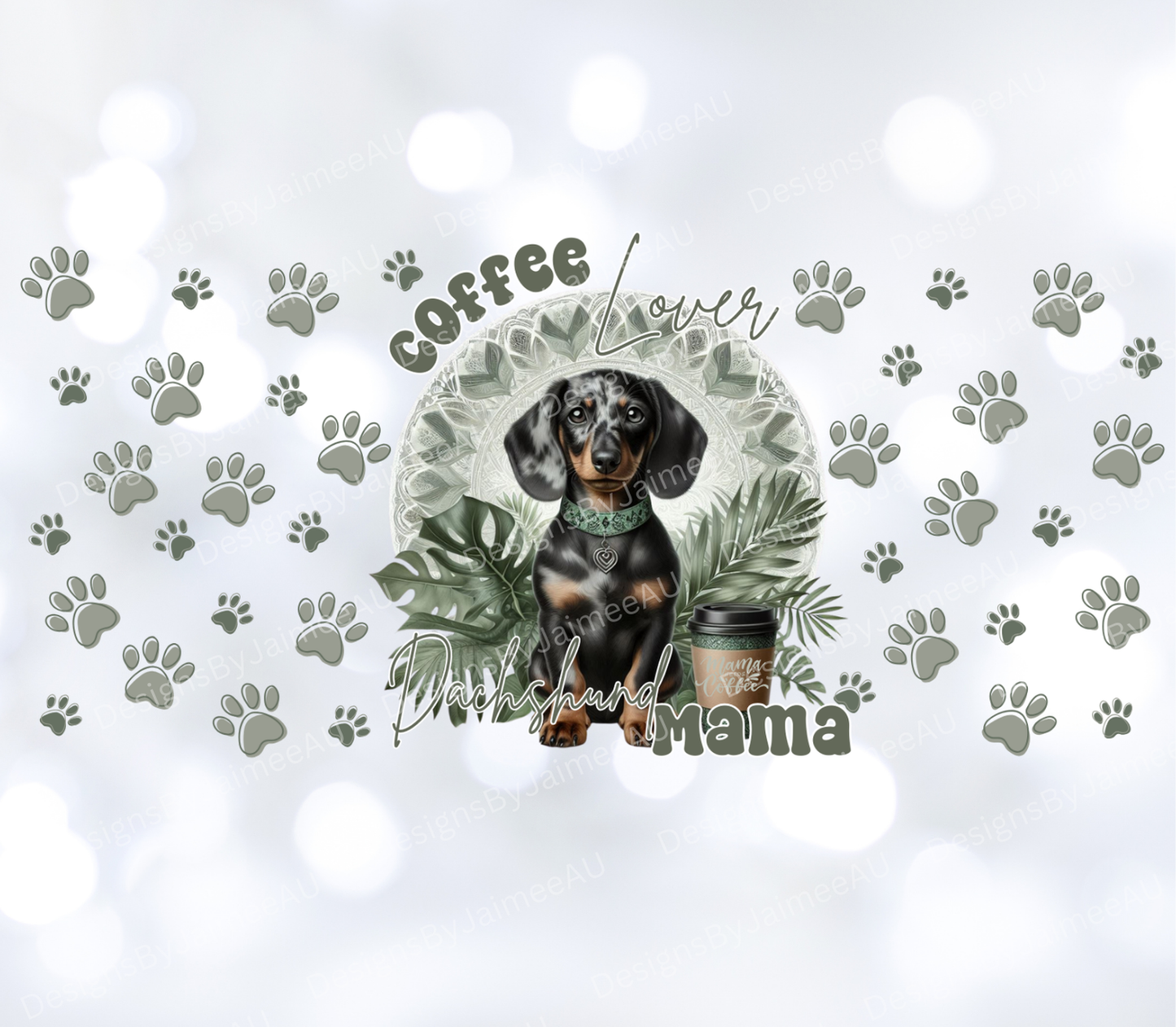 Sage Green Tropical Dachshund "Coffee Lover, Dachshund Mama" Digital Download 16oz UV DTF Transfer Wrap PNG Image