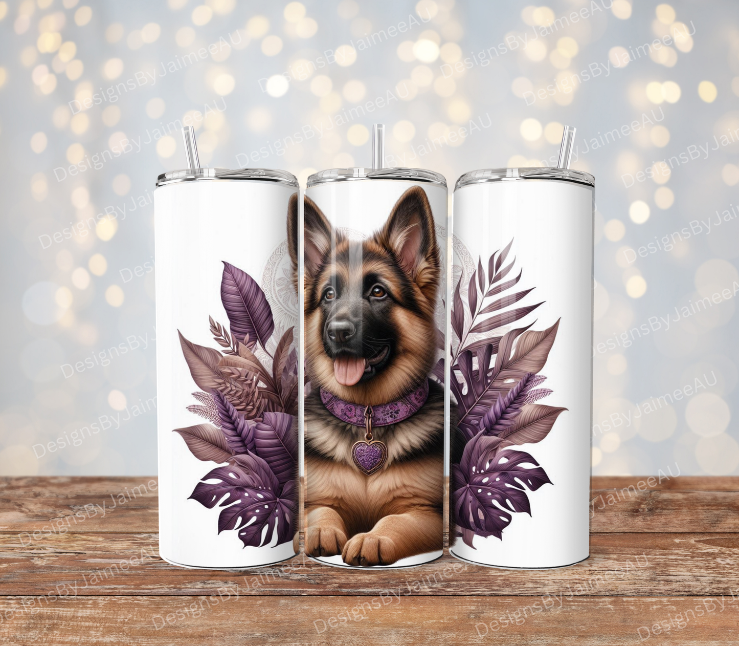 German Shepard, Tropical Purples and Browns Digital 20oz Sublimation Tumbler Wrap