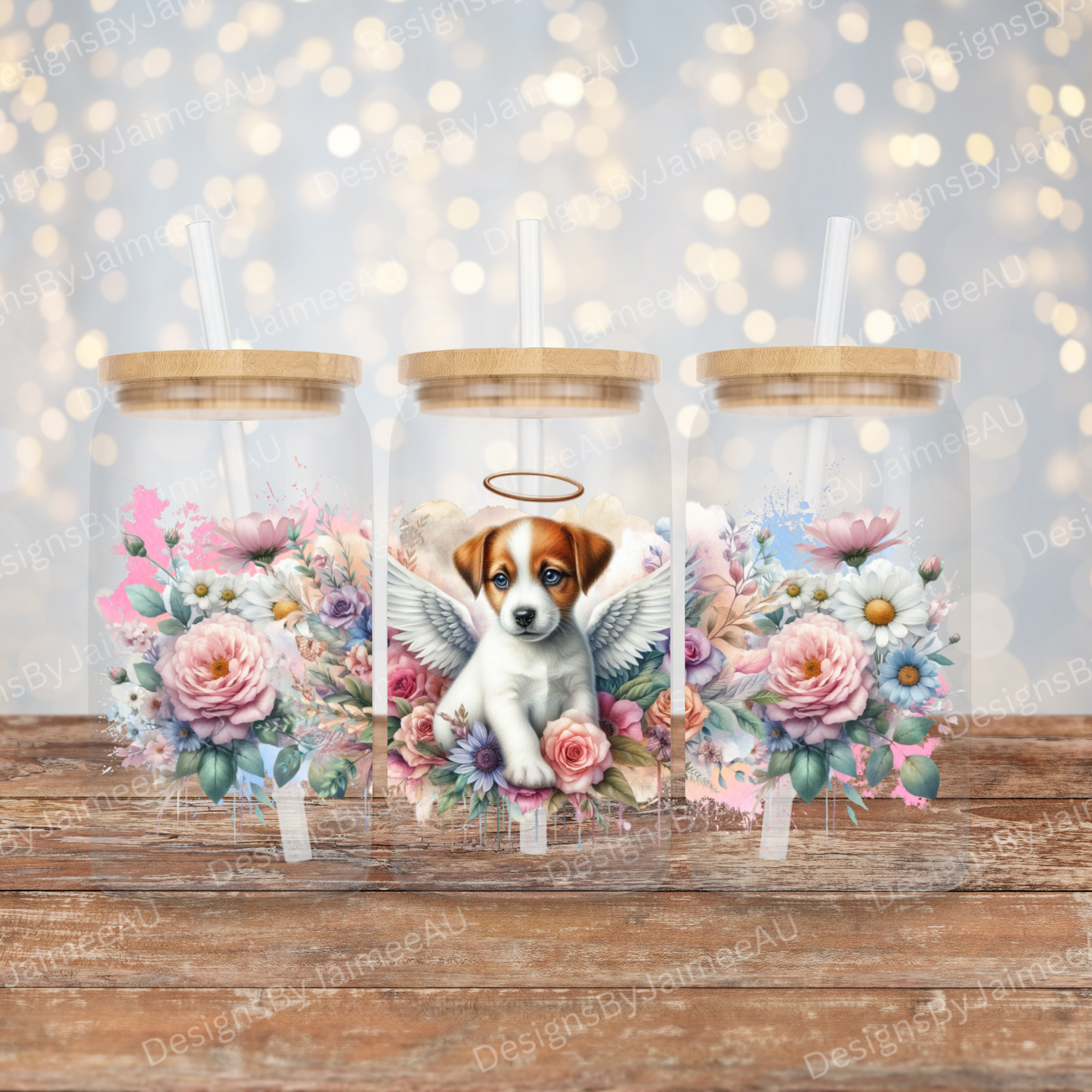 Angel Jack Russell and Pastel Florals Digital 16oz UV DTF Transfer Wrap PNG Image