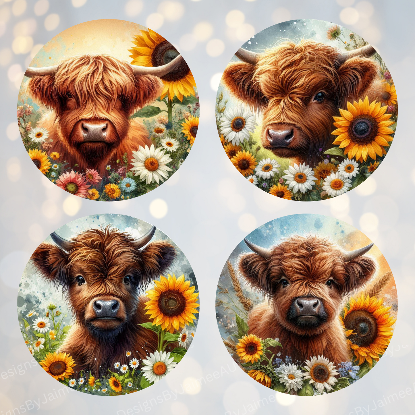4 Sunflower Baby Highland Cow Digital Sublimation Car Coaster Designs