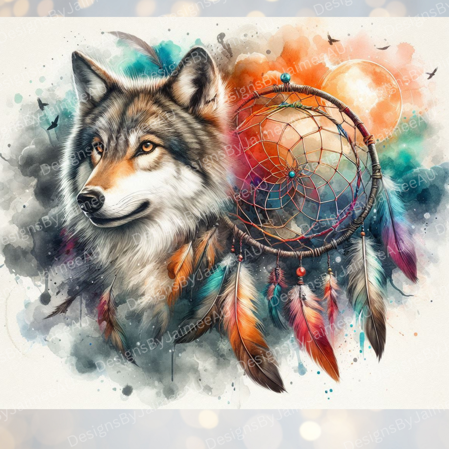Vibrant Watercolour -Dream Catcher and Wolf Digital 20oz Sublimation Tumbler Wrap