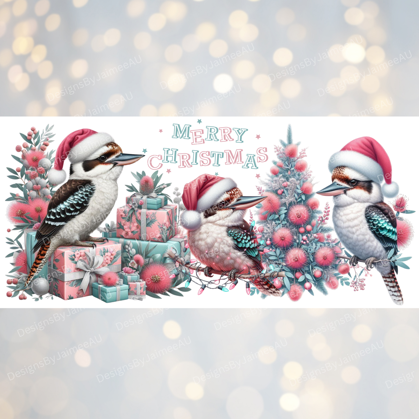 Pink, Silver and Aqua Christmas Kookaburras Digital Download 16oz UV DTF Transfer Wrap PNG Image