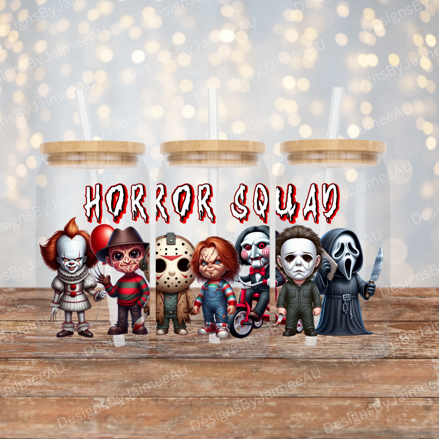 "Horror Squad" - Cute Horror Movie Characters Digital 16oz UV DTF Transfer Wrap PNG Image