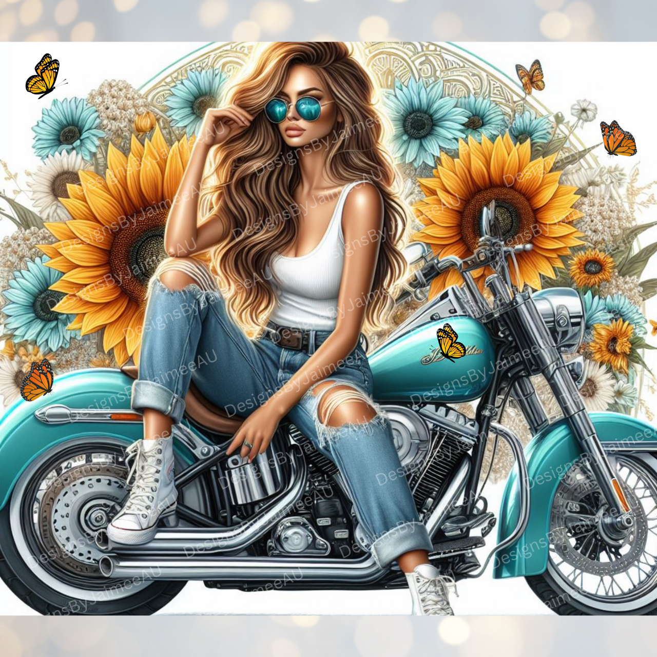 Sunflowers, Butterflies and Aqua Harley Davidson Digital 20oz Sublimation Tumbler Wrap