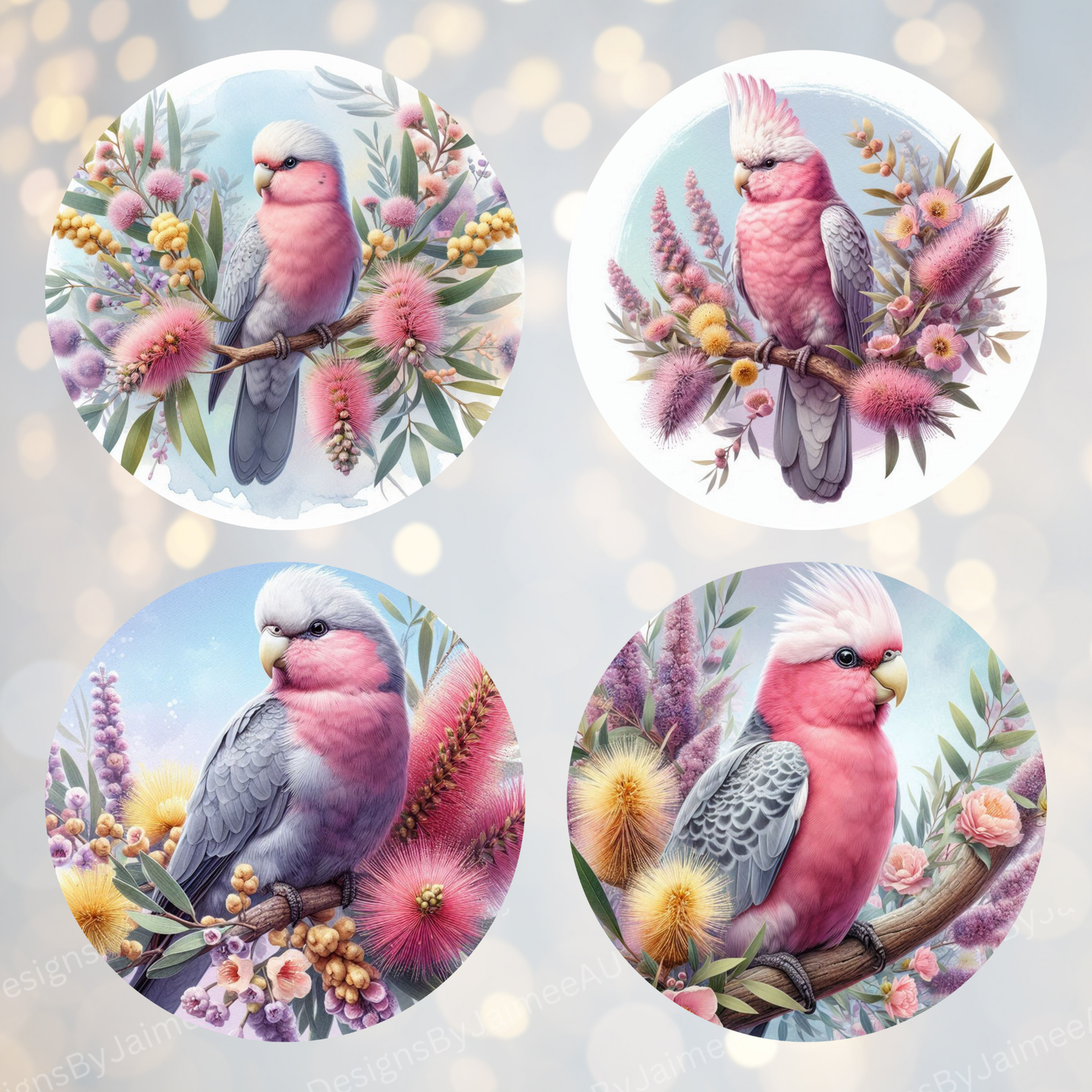 4 Watercolour Galah Digital Sublimation Car Coaster Designs
