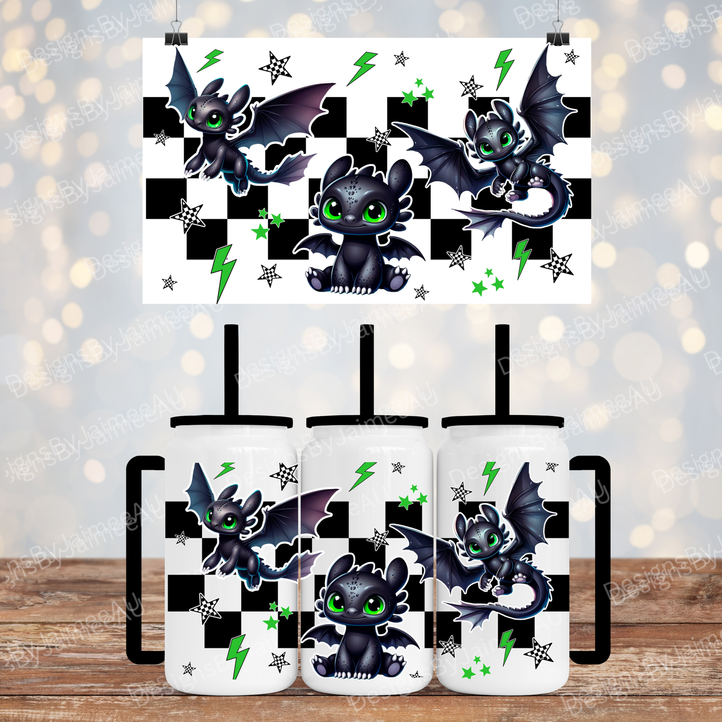 Toothless - How to Train Your Dragon (Black Checkers)- Digital 16oz Sublimation Design With Handle