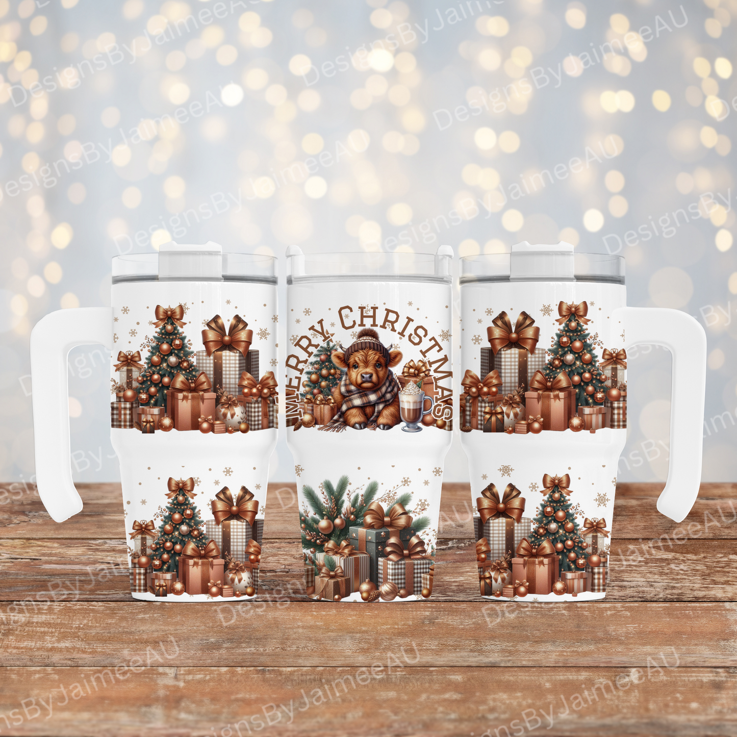 Copper and Browns Christmas Highland Cow - Digital 20oz Tumbler with Handle Wrap Design