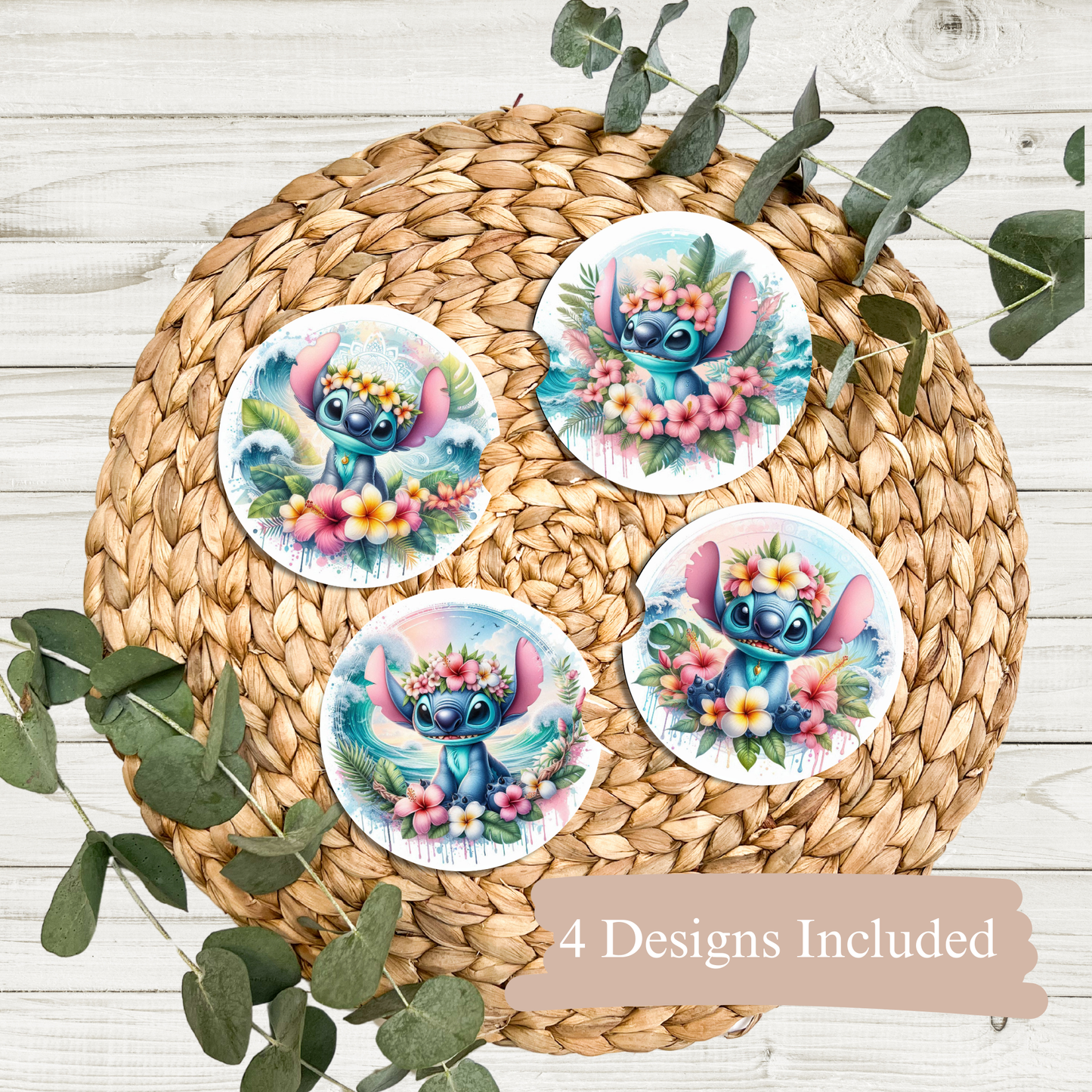 4 Pastel Tropical Stitch Digital Sublimation Car Coaster Designs