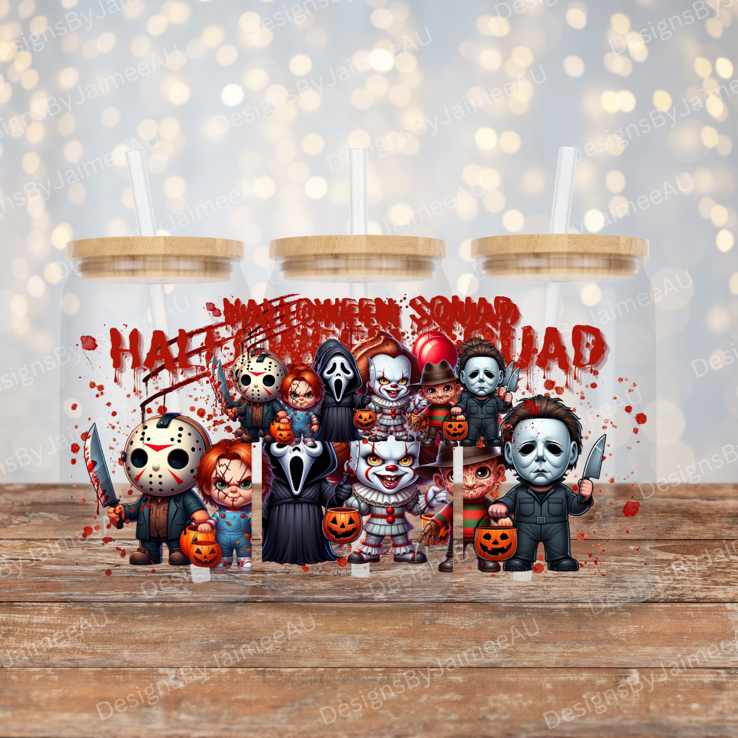 "Halloween Squad" - Cute Horror Movie Characters Digital 16oz UV DTF Transfer Wrap PNG Image