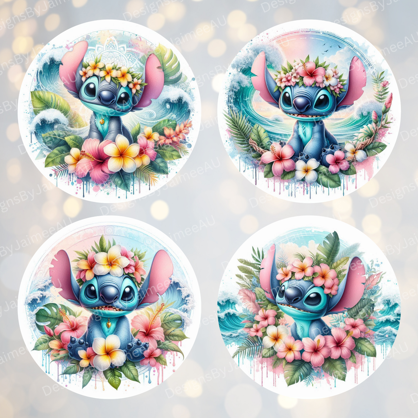4 Pastel Tropical Stitch Digital Sublimation Car Coaster Designs