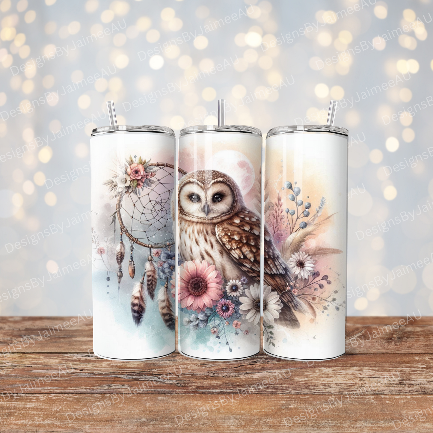 Soft Pastel watercolour Owl With Flowers and Dream Catcher Digital 20oz Sublimation Tumbler Wrap