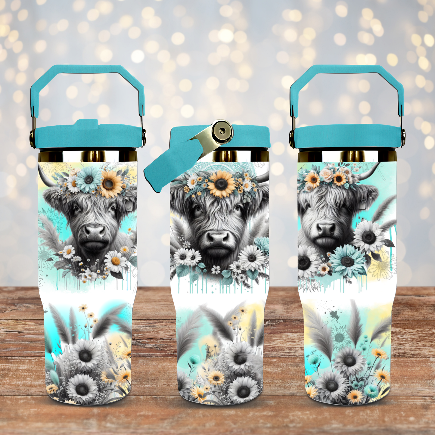 Black and White Highland Cows - Aqua and Yellows - Digital 30oz Sublimation Tumbler Wrap