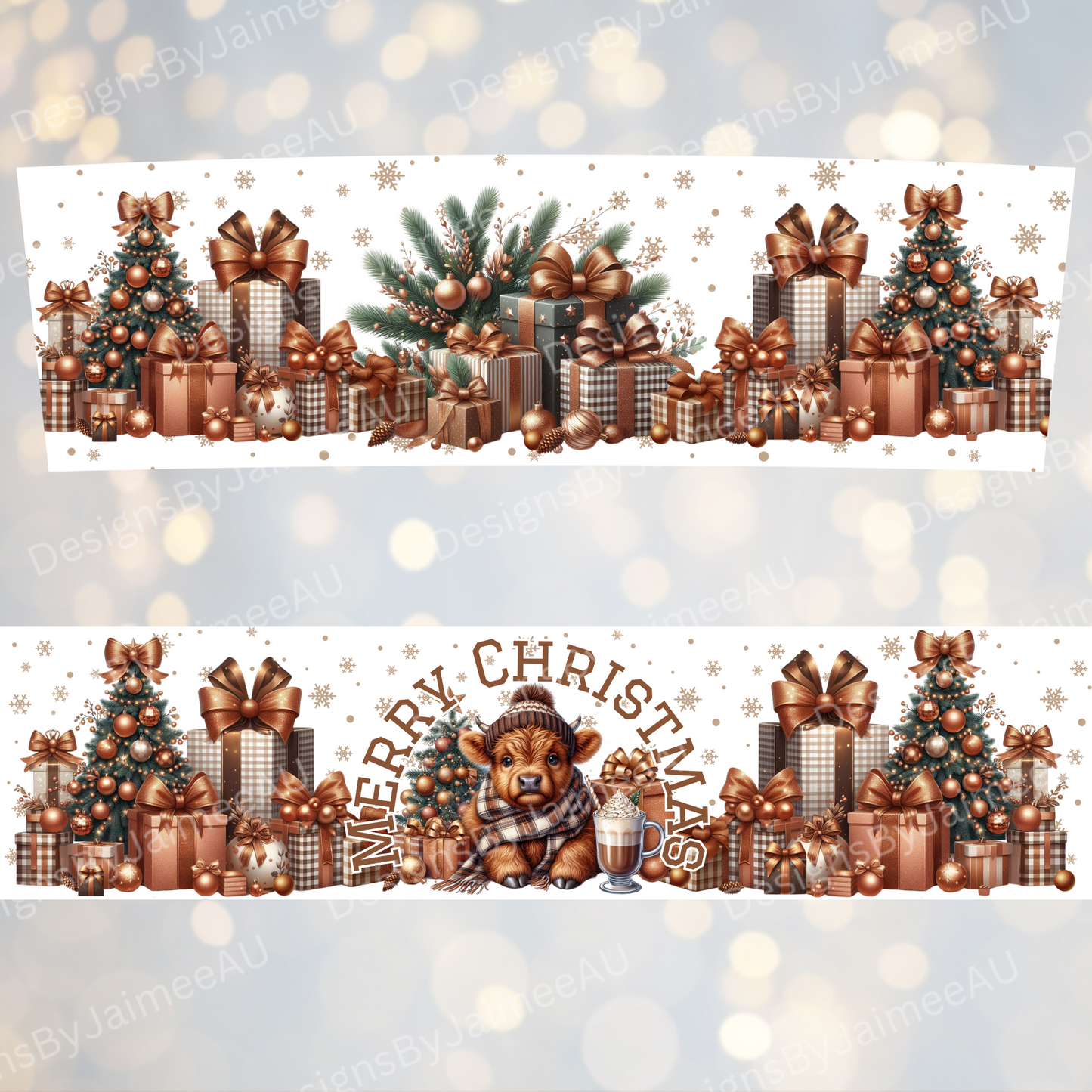 Copper and Browns Christmas Highland Cow - Digital 20oz Tumbler with Handle Wrap Design
