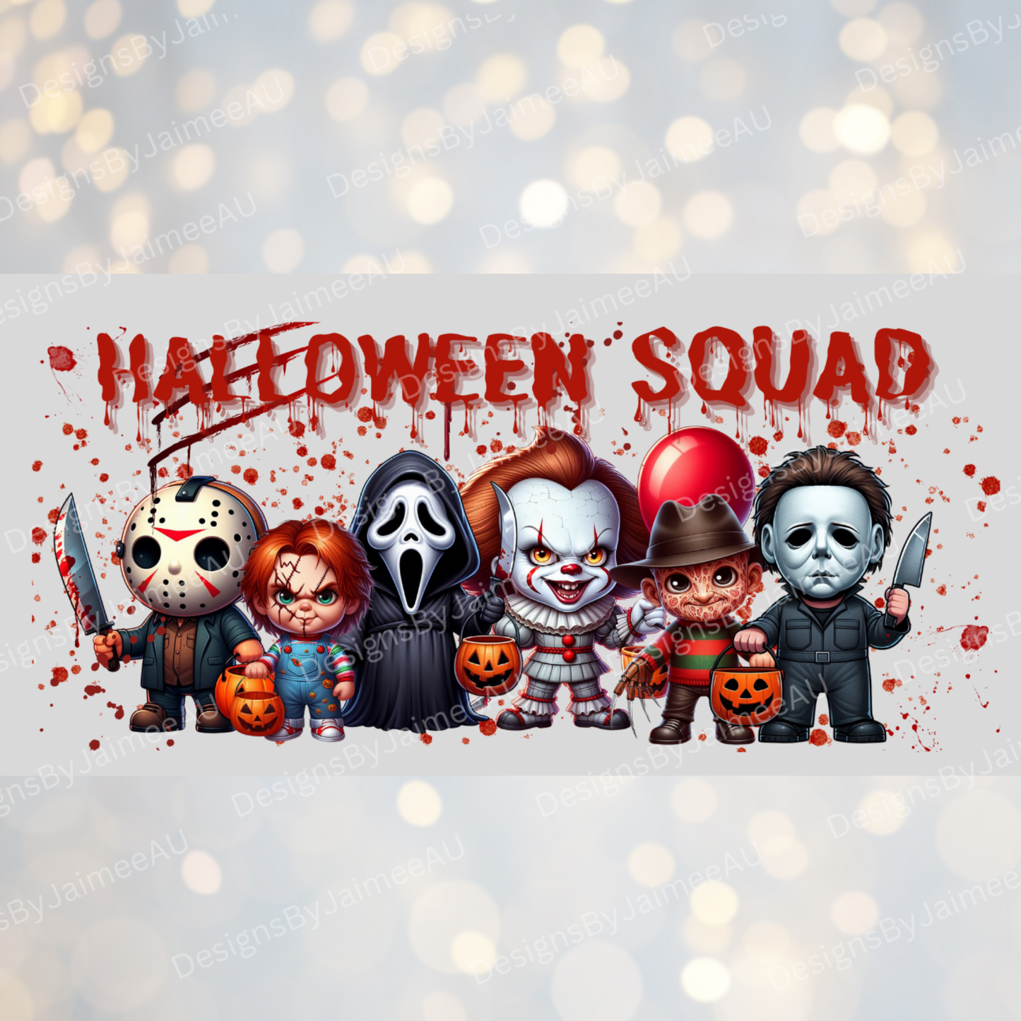 "Halloween Squad" - Cute Horror Movie Characters Digital 16oz UV DTF Transfer Wrap PNG Image